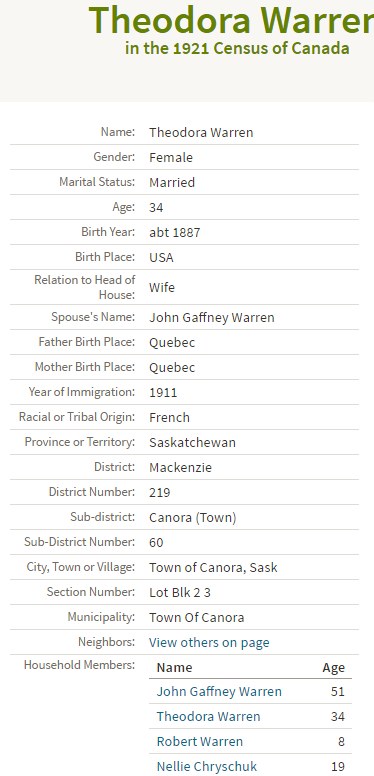 IMAGE from 1921 Canada Census for Theodora Warren